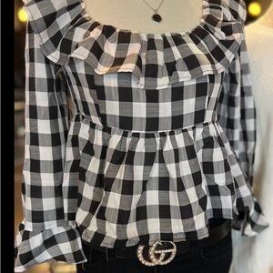 Entro Black and White Plaid Ruffle Blouse